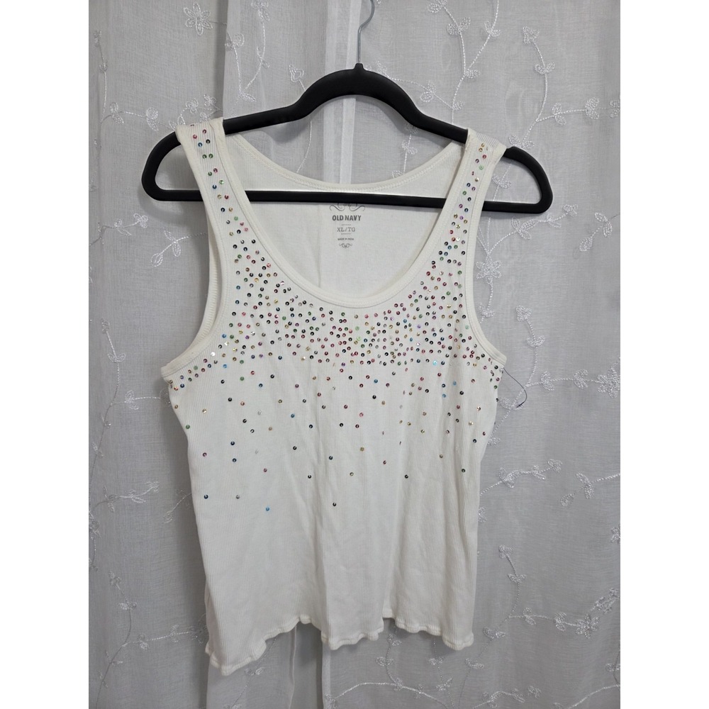 Old Navy Cream White Tank Top with Sparkly Colorful Sequins XL
